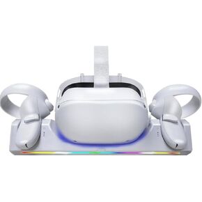 قاعدة شحن لـ Oculus Quest 2/Meta Quest 2، محطة الشحن تدعم مؤشر LED Meta Quest 2 VR وسماعات الرأس وأجهزة التحكم، مع بطاريتين قابلتين لإعادة الشحن بقدرة 2100 مللي أمبير في الساعة، وشاحن USB-C وكابل