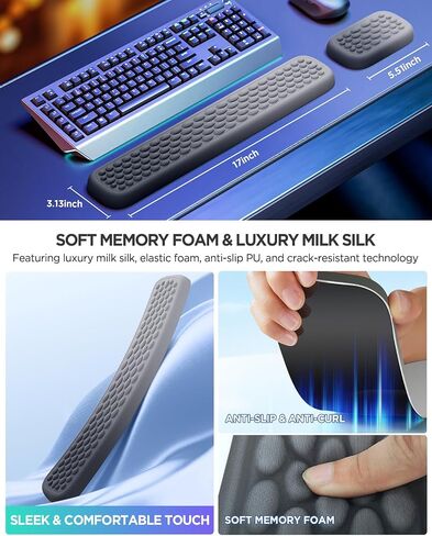 Lekvey Keyboard Wrist Rest, Silky Memory Foam Wrist Rest for Computer Keyboard, Mouse, Ergonomic Massage Design for Typing Pain Relief, Desk Pads Support Hand and Arm, Stain Resistant, Pink Purple in Saudi Arabia