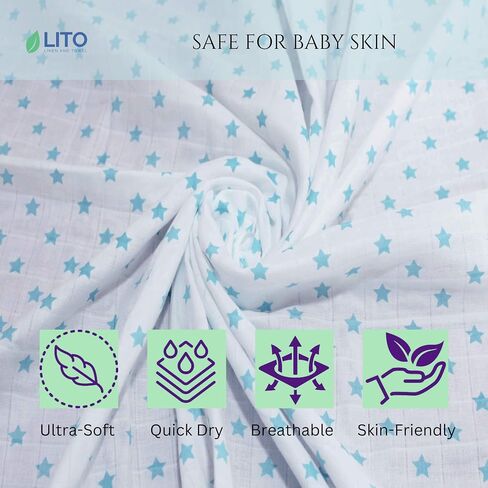 Swaddle Blankets| Receiving Blanket|Organic Cotton Breathable and Skin-Friendly Soft Muslin Swaddle Blankets for Boys| Baby Essentials, Registry & Gift | 48"x48" 2-Pack Blue Star in Saudi Arabia