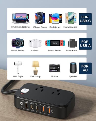Power Strip with USB Ports, 65W USB C Charger for Laptop 6FT Flat Extension Cord Outlet Extender with 2 AC Outlets, 3 USB C Ports, 2 USB A Ports, Surge Protector Desktop USB Charging Station in Saudi Arabia
