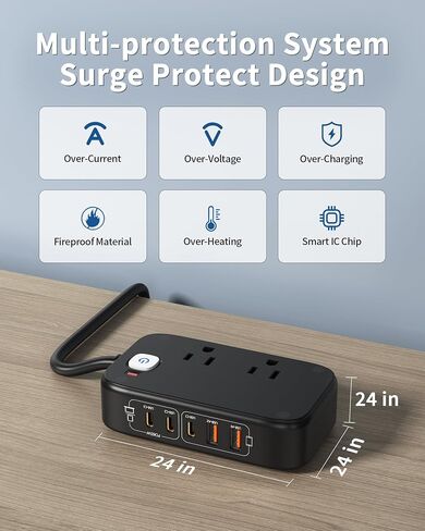 Power Strip with USB Ports, 65W USB C Charger for Laptop 6FT Flat Extension Cord Outlet Extender with 2 AC Outlets, 3 USB C Ports, 2 USB A Ports, Surge Protector Desktop USB Charging Station in Saudi Arabia