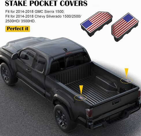 American Flag Stake Pocket Covers for 2014-2018 GMC Sierra 1500,Chevy Silverado 1500/2500/2500HD/3500 Truck Bed Rail Stake Odd Shaped Hole Plugs Caps (Black, 2-Pack) in Kuwait