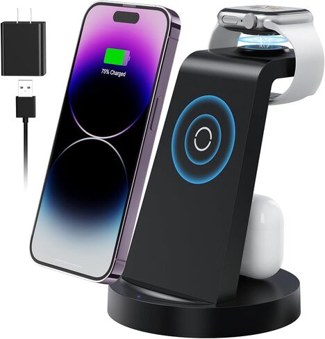 Wireless Charging Station, 3 in 1 Wireless Charger for iPhone 15/14/13/12/11/Pro/SE/XS/XR/X/8 Plus/8, Fast Wireless Charging Stand Dock for Apple Watch Series & Airpods in Saudi Arabia