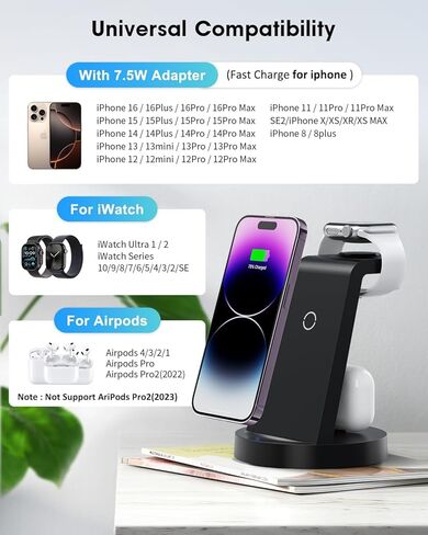 Wireless Charging Station, 3 in 1 Wireless Charger for iPhone 15/14/13/12/11/Pro/SE/XS/XR/X/8 Plus/8, Fast Wireless Charging Stand Dock for Apple Watch Series & Airpods in Saudi Arabia