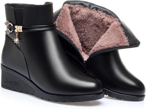 Women's Black Wedge Heel Ankle Booties Soft Leather Platform Side Zipper Sparkling Rhinestones Winter Warm Fur Lined Thickening Snow Boot in Saudi Arabia