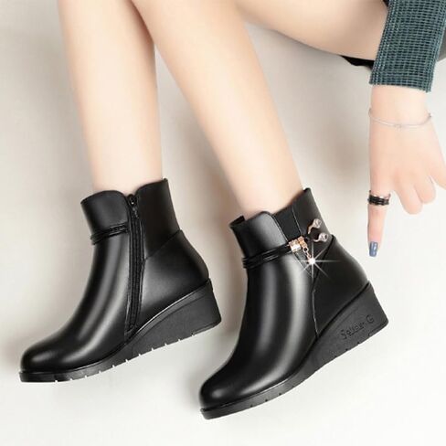 Women's Black Wedge Heel Ankle Booties Soft Leather Platform Side Zipper Sparkling Rhinestones Winter Warm Fur Lined Thickening Snow Boot in Saudi Arabia