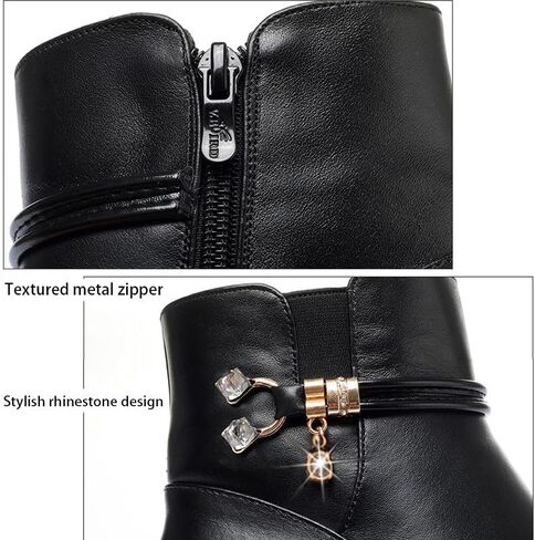 Women's Black Wedge Heel Ankle Booties Soft Leather Platform Side Zipper Sparkling Rhinestones Winter Warm Fur Lined Thickening Snow Boot in Saudi Arabia