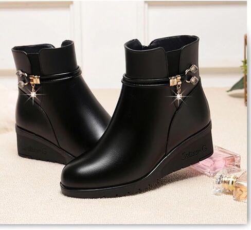 Women's Black Wedge Heel Ankle Booties Soft Leather Platform Side Zipper Sparkling Rhinestones Winter Warm Fur Lined Thickening Snow Boot in Saudi Arabia