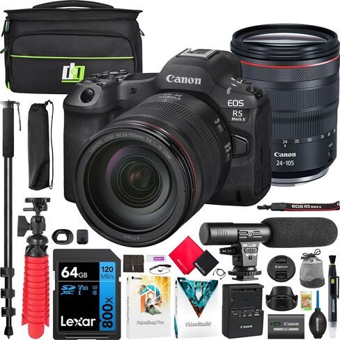 Canon EOS R5 Mark II Full Frame Mirrorless Camera Body with RF 24-105mm F4 L is USM Lens 6536C012 Bundle with Deco Gear Photography Bag + Microphone + Monopod + Software & Accessories Kit in Saudi Arabia