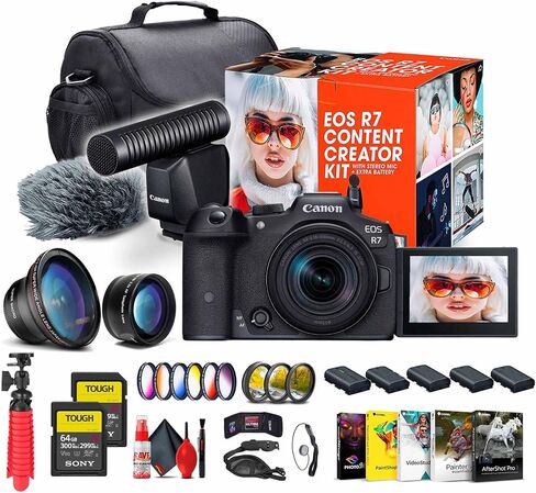 كاميرا Canon EOS R7 بدون مرآة مع مجموعة أدوات إنشاء المحتوى بعدسة مقاس 18-45 مم (5137C055) + بطاقة ذاكرة من سلسلة Tough سعة 2 × 64 جيجابايت + طقم مرشح الألوان + برنامج تصوير فوتوغرافي + حقيبة + طقم مرشح + المزيد (متجدد) in Saudi Arabia