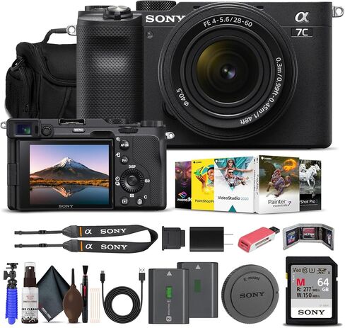 Sony Alpha a7C Mirrorless Digital Camera with 28-60mm Lens (Black) (ILCE7CL/B) w/ 64GB Memory Card, NP-FZ-100 Battery, Photo Editing Software, Case, External Charger, Card Reader and More in Saudi Arabia