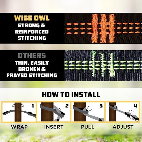 أشرطة أرجوحة من Wise Owl Outfitters للأشجار شديدة التحمل - مجموعة من أحزمة أرجوحة للتخييم بطول 10 أقدام وسمك 1 بوصة مع 38 حلقة وحلقات تسلق ثنائية الأبعاد - ملحقات الأرجوحة الأساسية in Kuwait