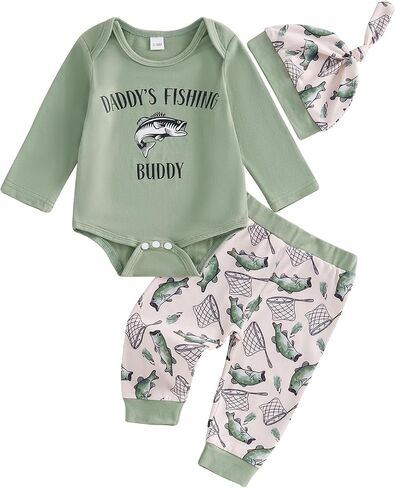 Lamuusaa Newborn Baby Boy Outfits Long Sleeve Fishing with Daddy Romper Bodysuit Fish Patterns Long Pants Hat Fall Outfit in Saudi Arabia