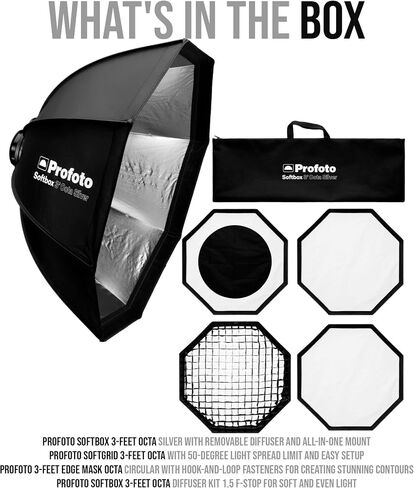 Profoto Softbox 3-Feet Octa Silver مع حزمة ناشر قابلة للإزالة مع Softgrid 3-Feet Octa، 3-Feet Edge Mask Octa Circular، 3-Feet Octa Diffuser Kit 1.5، و3-Feet Octa Diffuser Kit 0.5 (5 قطع) in Saudi Arabia