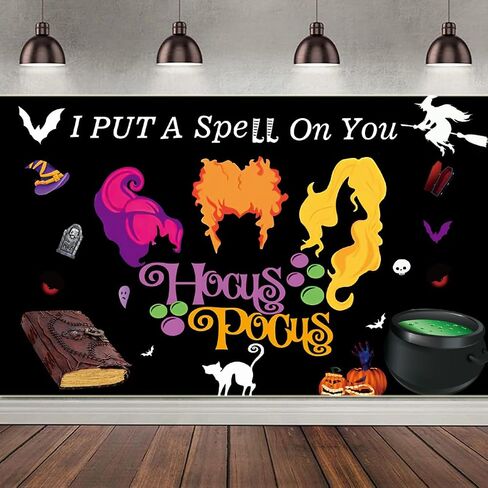 لافتة ديكورات Hocus Pocus، خلفية ديكور Hocus Pocus أضع تعويذة عليك لافتة Hocus Pocus لديكورات حفلات الهالوين 71 بوصة × 43 بوصة in Kuwait