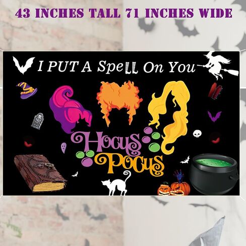 لافتة ديكورات Hocus Pocus، خلفية ديكور Hocus Pocus أضع تعويذة عليك لافتة Hocus Pocus لديكورات حفلات الهالوين 71 بوصة × 43 بوصة in Kuwait