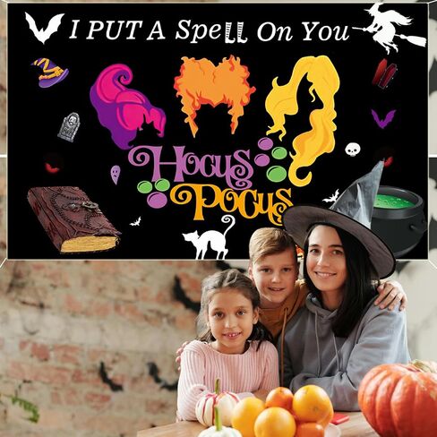 لافتة ديكورات Hocus Pocus، خلفية ديكور Hocus Pocus أضع تعويذة عليك لافتة Hocus Pocus لديكورات حفلات الهالوين 71 بوصة × 43 بوصة in Kuwait