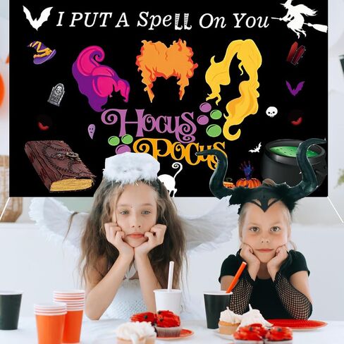لافتة ديكورات Hocus Pocus، خلفية ديكور Hocus Pocus أضع تعويذة عليك لافتة Hocus Pocus لديكورات حفلات الهالوين 71 بوصة × 43 بوصة in Kuwait