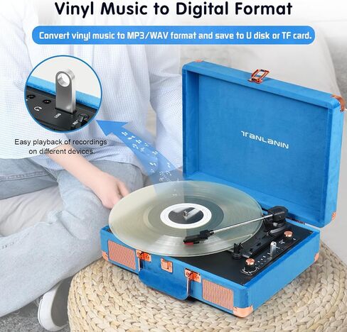 Vinyl Record Player Bluetooth Vintage Portable Suitcase Turntables with Speaker & USB Out Recording, 33-1/3 45 78 RPM Retro LP Player Support AUX/RCA/Headphone Jack, Peach Leather in Saudi Arabia