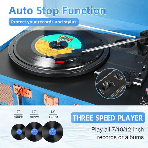 Vinyl Record Player Bluetooth Vintage Portable Suitcase Turntables with Speaker & USB Out Recording, 33-1/3 45 78 RPM Retro LP Player Support AUX/RCA/Headphone Jack, Peach Leather in Saudi Arabia