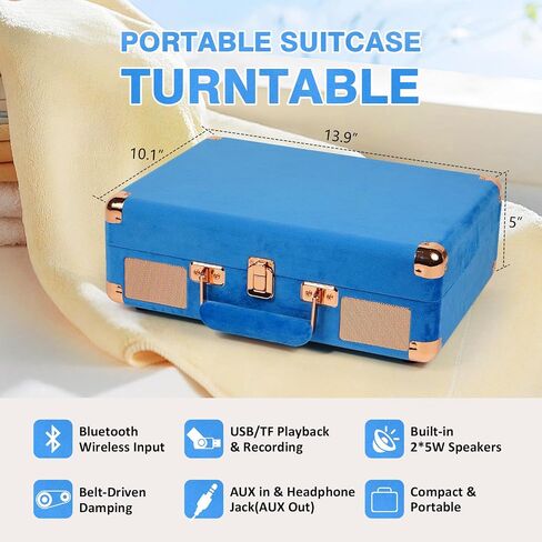 Vinyl Record Player Bluetooth Vintage Portable Suitcase Turntables with Speaker & USB Out Recording, 33-1/3 45 78 RPM Retro LP Player Support AUX/RCA/Headphone Jack, Peach Leather in Saudi Arabia