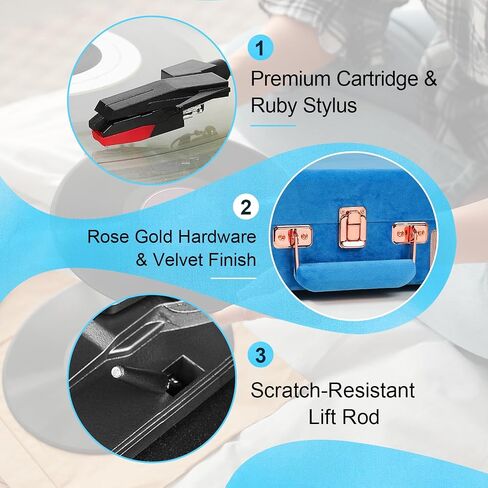 Vinyl Record Player Bluetooth Vintage Portable Suitcase Turntables with Speaker & USB Out Recording, 33-1/3 45 78 RPM Retro LP Player Support AUX/RCA/Headphone Jack, Peach Leather in Saudi Arabia