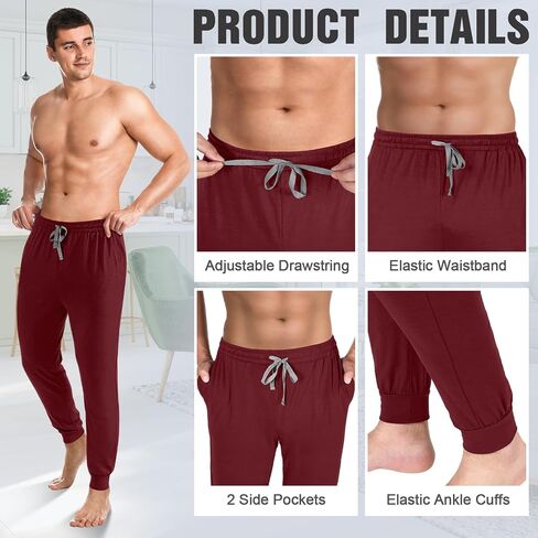 3 Pack Mens Cotton Sleepwear Pajamas Pants with Pockets, Soft Drawstring Lounge Bottoms Pjs for Men in Saudi Arabia