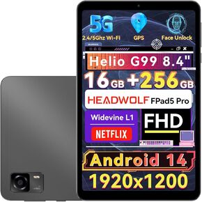 تابلت Headwolf Android 14، FPad5 Pro 8.4 بوصة Helio G99 Android Tablet، 16 جيجا بايت رام + 256 جيجا بايت ROM FHD 1920 * 1200 عرض تابلت الألعاب، Widevine L1، 5500 مللي أمبير، 13 ميجابكسل + 8 ميجابكسل، 2.4 جيجا/5 جيجا واي فاي تابلت in Kuwait