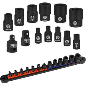 HORUSDY 11 Pc Female E Torx Star Socket Set/Rail, Female External Star Socket Set E4 - E20 Torque Socket Set