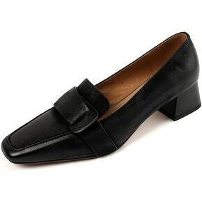 TinaCus Genuine Leather Women's Square Toe Handmade Low Chunky Heels Retro Loafers Shoes