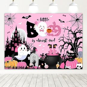 Mocsicka Halloween Baby Shower Backdrop Pink a Little Boo is Almost Due Background Spider Web Ghost Castle Pumpkin Girl Halloween Baby Shower Party Decorations Photo Booth Props (5x3ft)