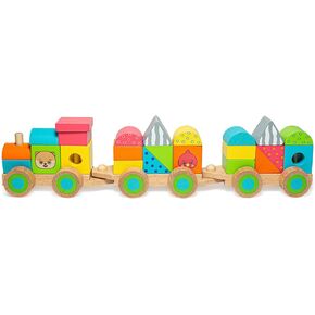 Bimi Boo 23-Piece Wooden Stacking Train Set for Toddlers - Push-Along Cargo Stacker Train Toy Set with Wooden Stacking Blocks (23 Shapes, 3 Train Cars)