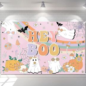 Avezano Halloween Hey Boo Baby Shower Backdrop Halloween Groovy Boho Rainbow Retro Hippie Theme Baby Shower Banner Little Boo Daisy Baby Shower Party Decorations Photo Background 70.8 x 43.3 Inch