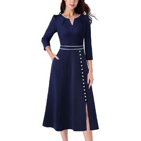 VFSHOW Womens Pleated Notch Neck Front Slit Buttons Pockets Office Business Work Slim Fit A-line Fit and Flare Midi Dress