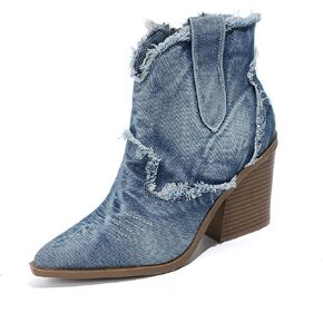 Women's Embroidery Denim Western Cowboy Ankle Boots With Side Zipper Fashion Pointed Toe Stack Heel Cowgirl Mid Calf Boots Comfort Walking Dress Booties