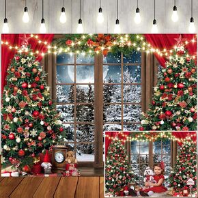 LTLYH 7x5ft Winter Christmas Photography Backdrop Xmas Rustic Wooden Window Full Moon Night Background Baby Kids Party Decorations Portrait Cake Table Banner Photo Studio Props