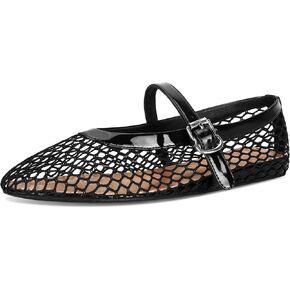 Mesh Ballet Flats for Women Ballerina Mesh Shoes Mary Jane Flats Sandals Fishnet Buckle Strap Round Toe Comfortable Casual Office Summer Dress-Black