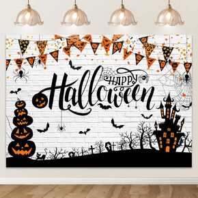 Avezano Happy Halloween Backdrop Brick Wall Spider Web Horror Jack O'Lantern Light Halloween Photography Background Family Dress-up Party Ghost Castle Trick or Treat Backdrops Banner