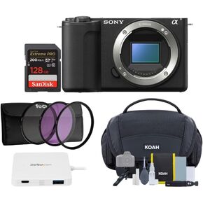 Sony Alpha ZV-E10 II Content Creators Camera with APS-C Mirrorless Lens and Lens Kit (Black) Bundle with Gadget Bag, 128GB Memory Card, USB-C Hub (White) and Focus Camera Lens Filter Kit (5 Items)