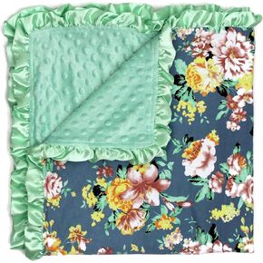 Dear Baby Gear Baby Blankets, Vintage Floral Coral Roses on Grey, Mint Minky