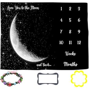 Baby Monthly Milestone Blanket, Space Black Star Moon Newborn Baby Age Blanket, 60x40 Inch Baby Swaddle Reception Blanket Growth Chart Blanket BTLSLY148