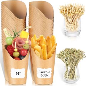 SEANSDA [50 Charcuterie Cups + 200 Cocktail Picks + 50 Labels] Disposable Kraft Charcuterie Cups with Sticks (2 Types), 12 oz French Fry Holder, Brown Paper Appetizer Cups Charcuterie Accessories