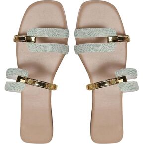 GORGLITTER Women's Trendy Chain Flat Sandals Metallic Double Strappy Slide Sandals