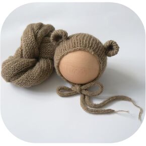 Vemonllas Newborn Photography Props Bear Bonnet & Wrap Baby Boys Girls Photoshoot Outfits Infant Handmade Knitted Costume Set