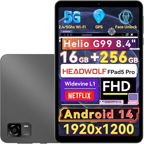 تابلت Headwolf Android 14، FPad5 Pro 8.4 بوصة Helio G99 Android Tablet، 16 جيجا بايت رام + 256 جيجا بايت ROM FHD 1920 * 1200 عرض تابلت الألعاب، Widevine L1، 5500 مللي أمبير، 13 ميجابكسل + 8 ميجابكسل، 2.4 جيجا/5 جيجا واي فاي تابلت in Kuwait
