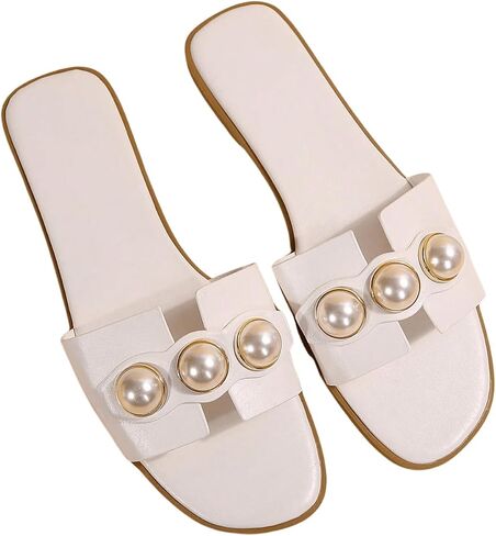 GORGLITTER Women's Faux Pearls Decor Flat Sandals Cut Out H Band Open Toe Leather Slide Sandals in Saudi Arabia