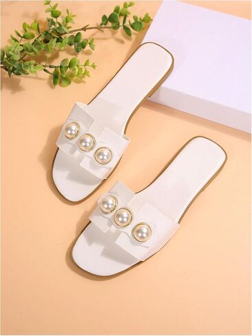 GORGLITTER Women's Faux Pearls Decor Flat Sandals Cut Out H Band Open Toe Leather Slide Sandals in Saudi Arabia