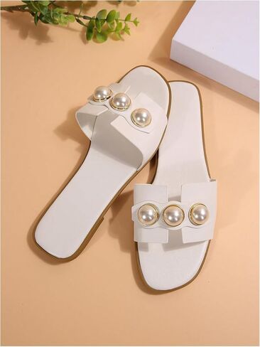 GORGLITTER Women's Faux Pearls Decor Flat Sandals Cut Out H Band Open Toe Leather Slide Sandals in Saudi Arabia