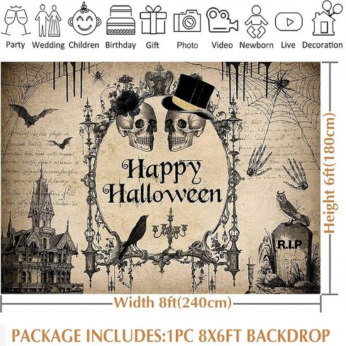Avezano Halloween Photo Backdrop Vintage Happy Halloween Skull Party Decorations Adult Gothic Halloween Costume and Cocktails Party Photograpy Background(7x5ft) in Saudi Arabia