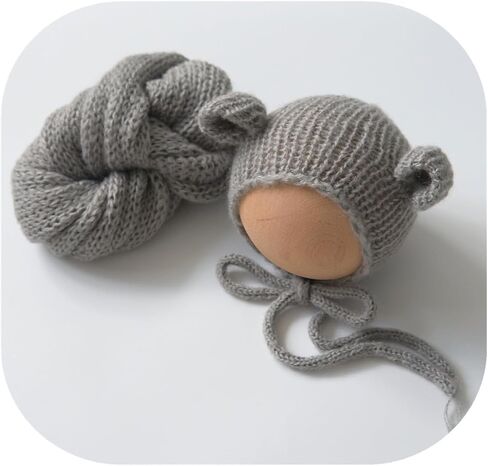 Vemonllas Newborn Photography Props Bear Bonnet & Wrap Baby Boys Girls Photoshoot Outfits Infant Handmade Knitted Costume Set in Saudi Arabia